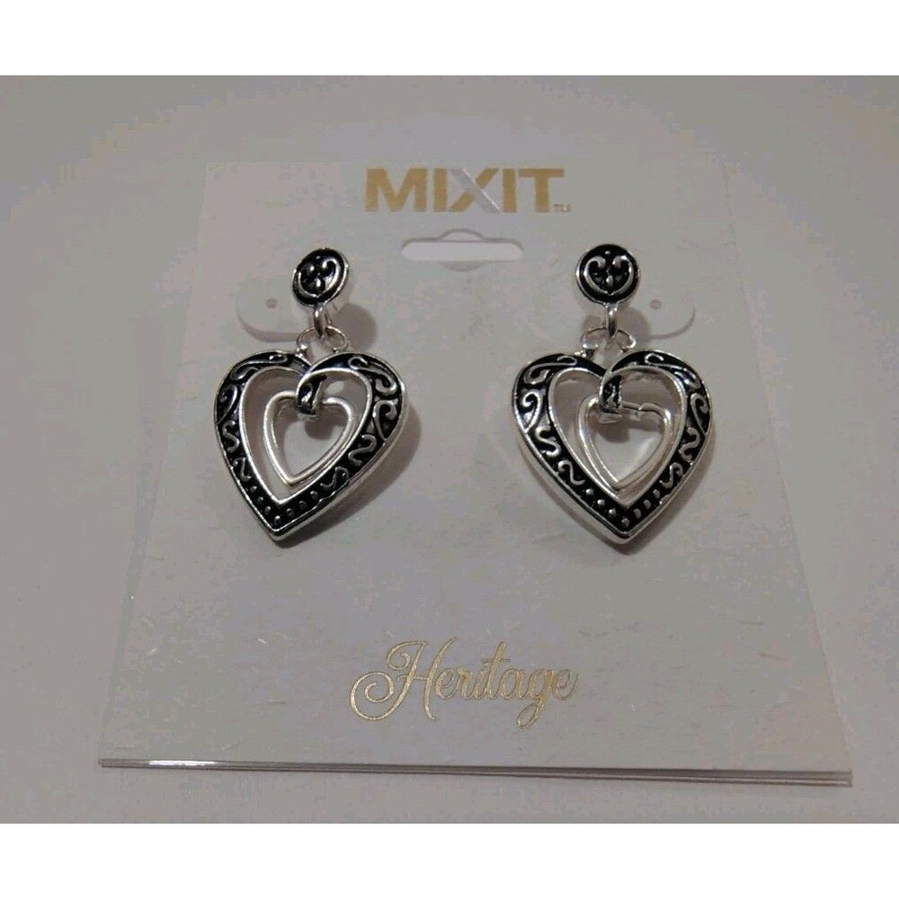 NWT MIXIT Silver Tone & Black Dangle Heart Earrings